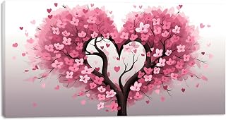 MODOJOART Abstract Tree Canvas Wall Art, Heart-shaped Tree with Pink Flowers Painting Print Love Theme Poster Picture for Bedroom Hallway Decor(Artwork-05, 24"x12")