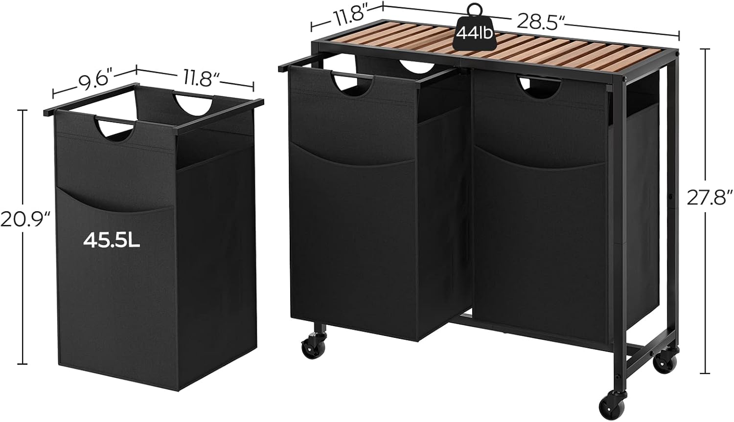 YATINEY Double Compartment Laundry Hamper on Wheels, Laundry Basket Trolley, 2 x 47Gal.(47 L), Clothes Sorting Organizer, Removable Oxford Cloth Laundry Bags, for Laundry Room, Rustic Brown LS20BR
