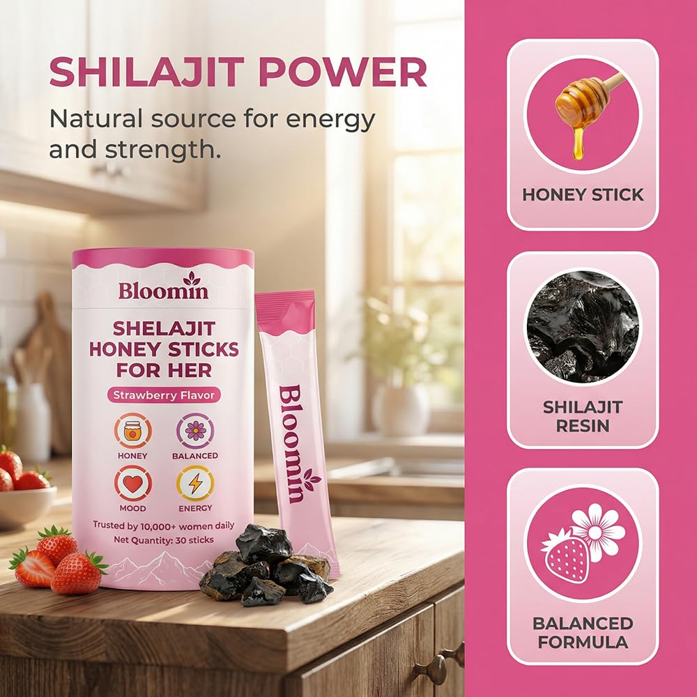 Bloomin Honey Sticks, with Shilajit, Shatavari & Saffron, Strawberry Honey Supplement for Women, Hormonal Balance, Focus & Stamina, Non-GMO, 30 Sticks (Strawberry)