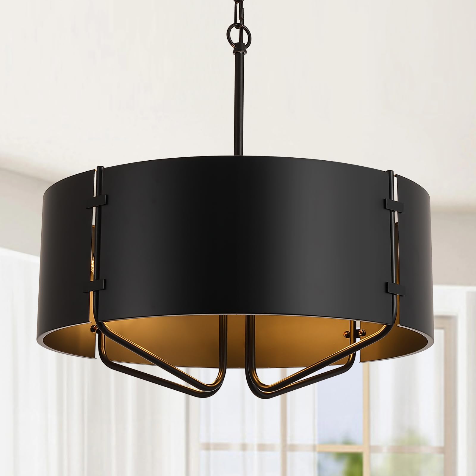 MWZ Black Farmhouse Drum Chandeliers for Dining Room, 5-Light D19'' Modern Industrial Metal Indoor Pendant Light Kitchen Island Over Table, Adjustable