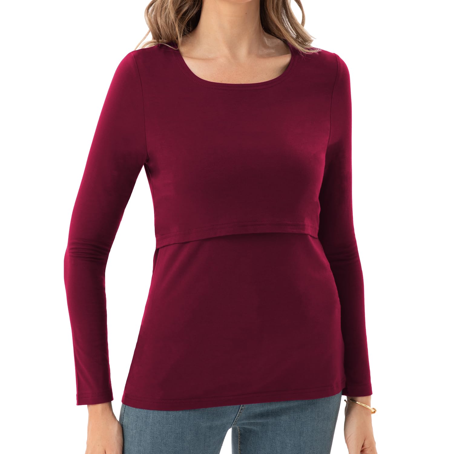 Bearsland Women's Nursing Shirt Long Sleeve Round Neck Breastfeeding Top