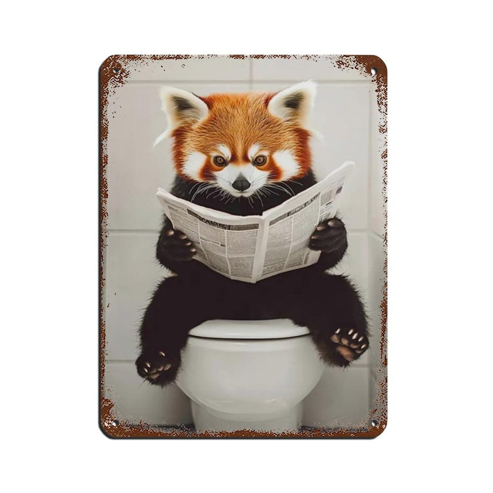 Red Panda Sitting on Toilet Reading Newspaper Tin Sign Vintage Metal Pub Club Cafe Bar Home Wall Art Decoration Poster Retro 12x16inch(30x40cm)
