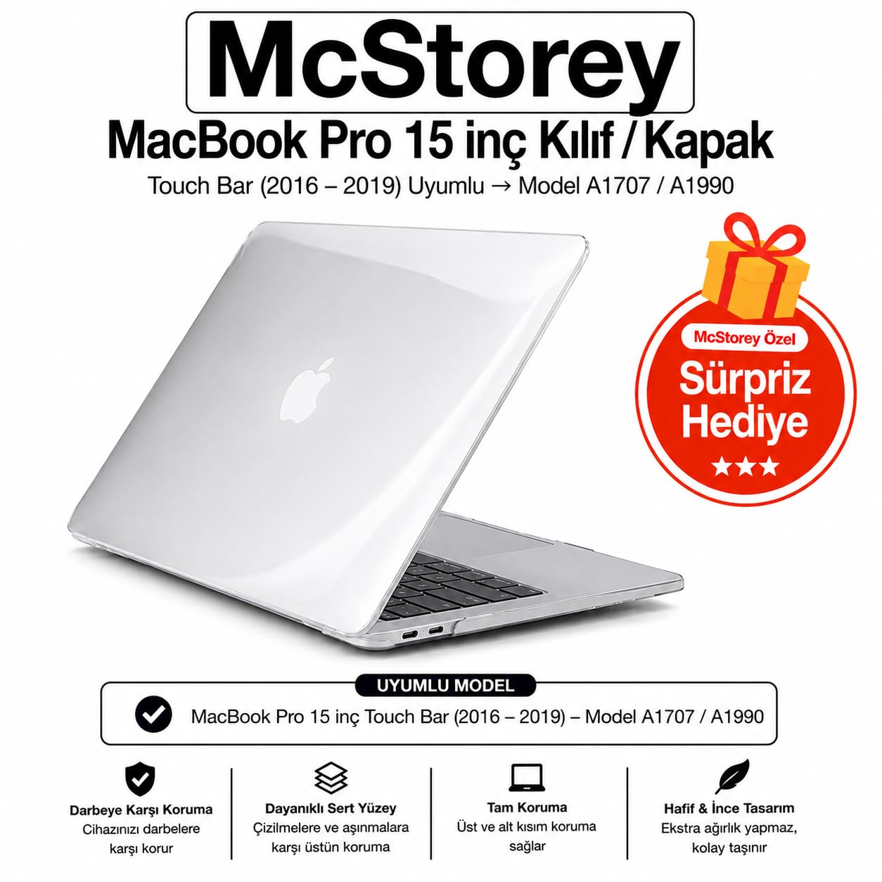 McStorey MacBook Pro 15 Kristal Şeffaf Kılıf A1707 A1990 Uyumlu Parlak Sert TPU Kılıf İnce Hafif Koruyucu Kapak 2016-2019 Şeffaf