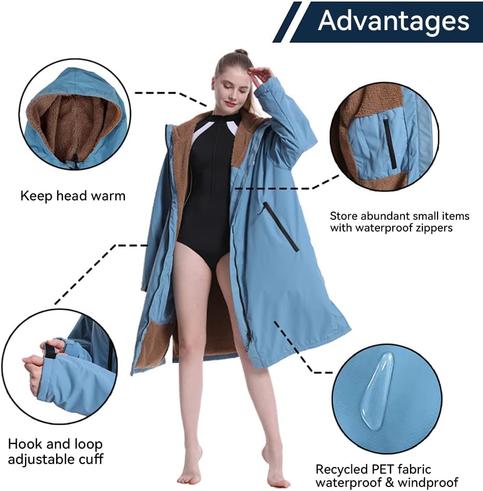 Oksun Waterproof Swim Parka, Windproof Surf Poncho Warm Coat, Recycled Fabric Water Resistent Oversized Sherpa Lining Jacket - Image 4
