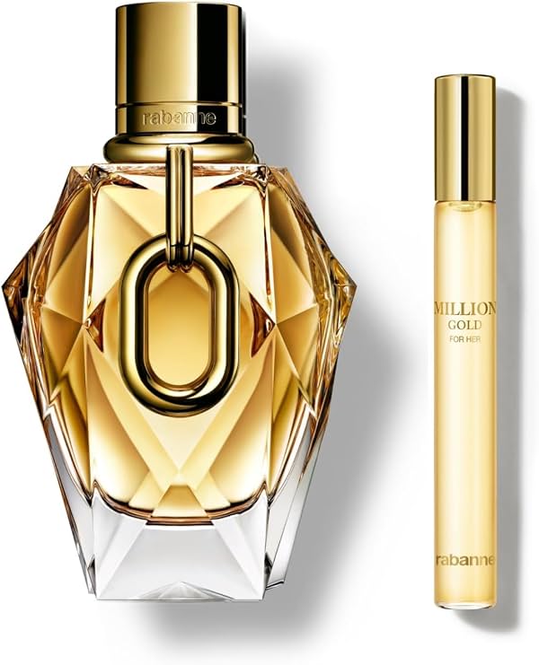 Rabanne Million Gold For Her Eau de Parfum, 3oz + Spray de Viaje 0.34oz, 2 piezas, Perfume Floral Grande, Uso Duradero, Notas de Rosa y Flores Blancas, Botella Recargable, Set de Regalo Tamaño Completo y Mini para Mujer