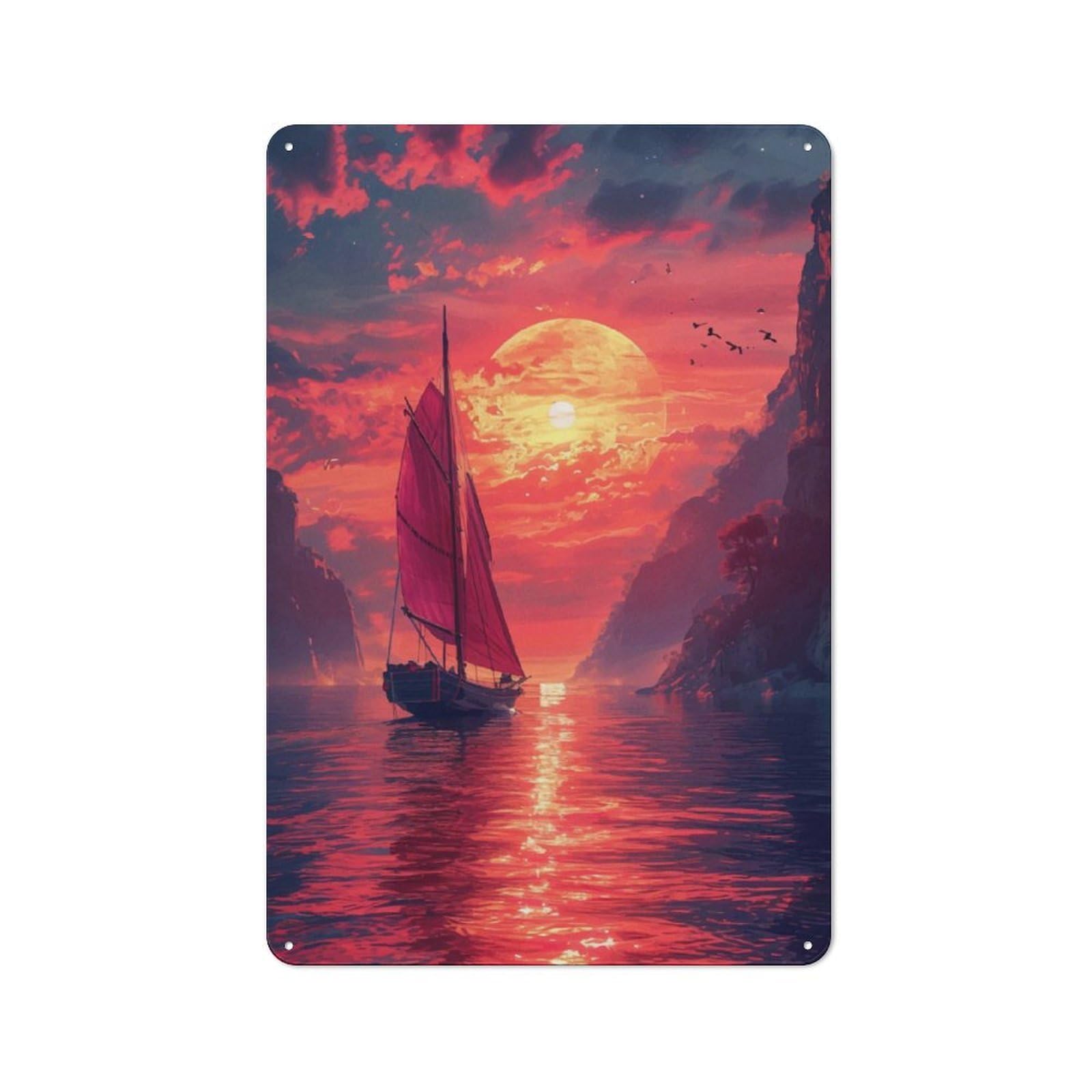 Junmoney Sailboat In A Sunset Vintage Tin Sign 30X20cm Featuring For Workshop Wall, Gift For Metal Sign Collectors During The Christmas Season