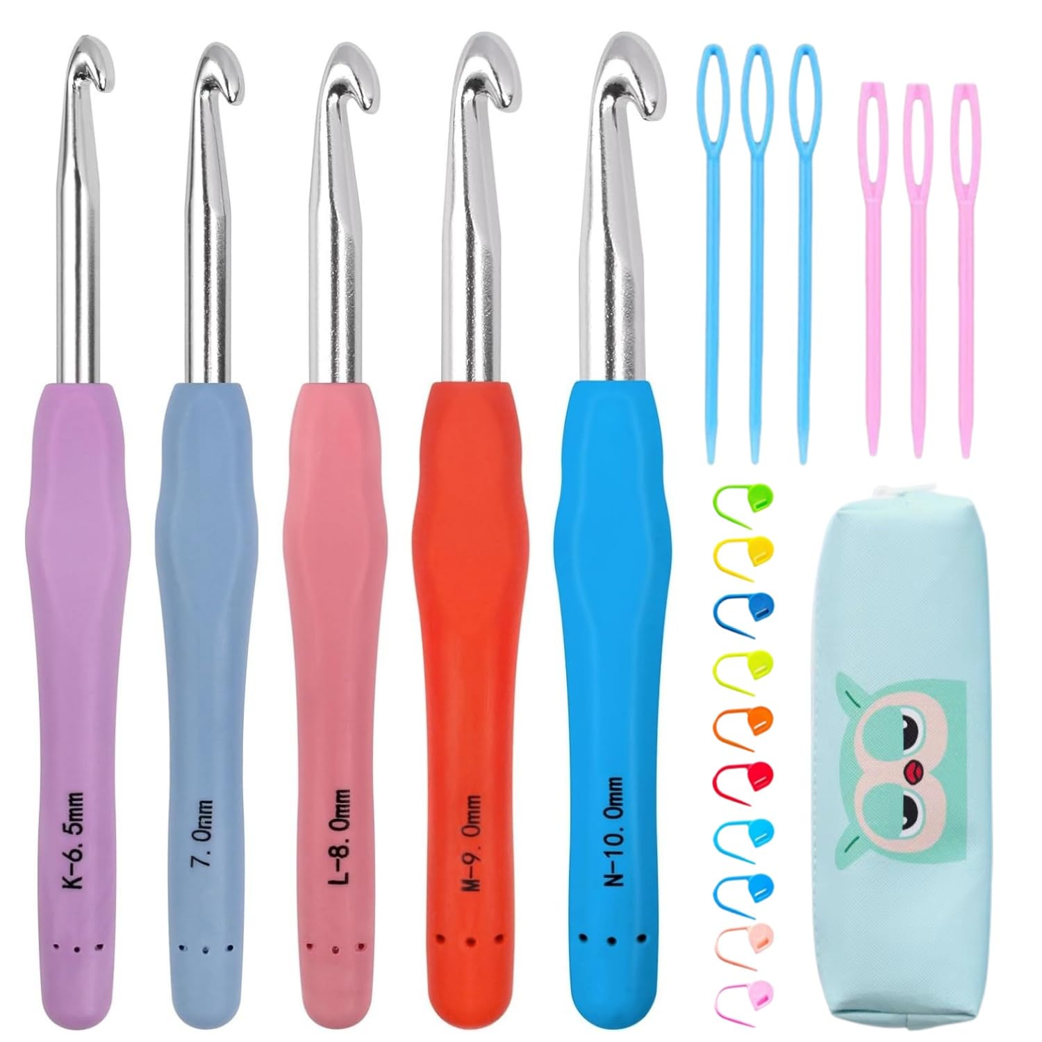 Cdrompy 5 Large Crochet Hooks,Size 6.5mm 7.0mm 8.0mm 9.0mm 10.0mm Crochet Hooks,25PCS Large Crochet Hooks Set,Ergonomic Crochet Hooks Set Grip Soft Handles Size K L M N in Case