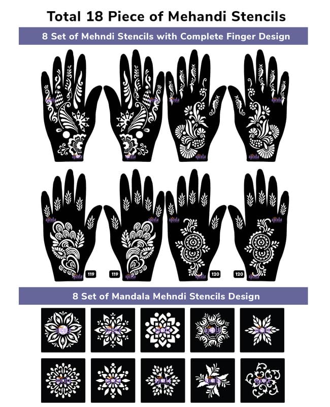 Apcute 18pc Combo Pack Mehandi Stencil Sticker, Mehandi ke Sticker, Tatoo Heena Mehndi Design Sticker for Women, Girls and Kids, Quick and Easy to use - 18PC-19-20-119-120 - Image 2