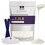 BLITZWAX Hair Removal Hard Wax Beads Unscented 1.3lb Waxing Beans Kit with 30 Nose Waxing Sticks for Sensitive Skin, Face, Back, Body, Brazilian and Coarse Hair, Home Wax Pearls for Men Women, White