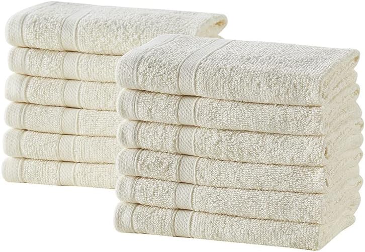 Clorox Bleach Friendly, Quick Dry, 100% Cotton Washcloths (12" L x 12" W), Highly Absorbent, Light Weight, Easy to Wash (12 Pack, Ivory)
