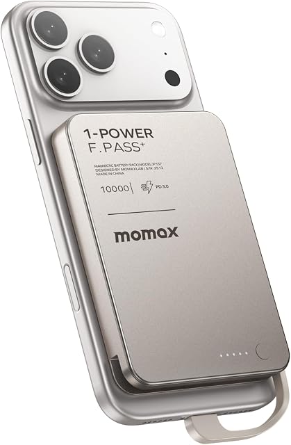 MOMAX Ultra-Slim 10000mAh Banque d'énergie portable avec intégré USB-C Câble, PD 30W Batterie de recharge rapide pour iPhone 17/16/15, iPhone air, Galaxy, Pixel (pas de sans fil, pas de foudre)