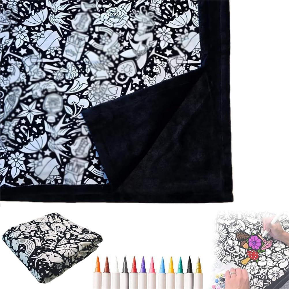DIY Coloring Blanket - 50x60 Inch Fleece Throw with 24 Pens - Creative Art Blanket for Kids' Bedroom & Sofa Décor - Unique Personalized Gift