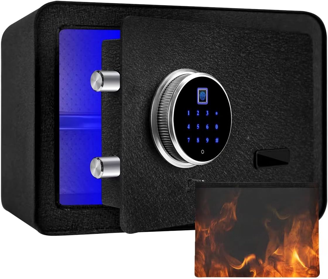 Fireproof Safe Box with Fireproof Bag,Fingerprint Lock and Sensor Light Water Proof Hidden Safe,0.75 Cubic Feet Steel Structure with Shelf, for Home Office Hotel Business Gun Passport Cash