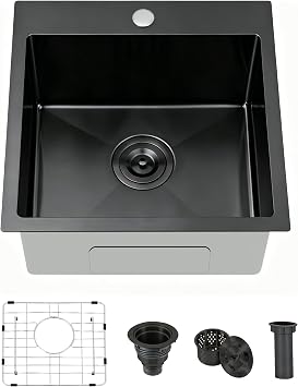 VAPSINT 18x18 Drop In Black Bar Sink, Small Kitchen Sink, with Grid