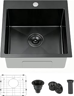 VAPSINT 18x18 Drop In Black Bar Sink, Small Kitchen Sink, with Grid