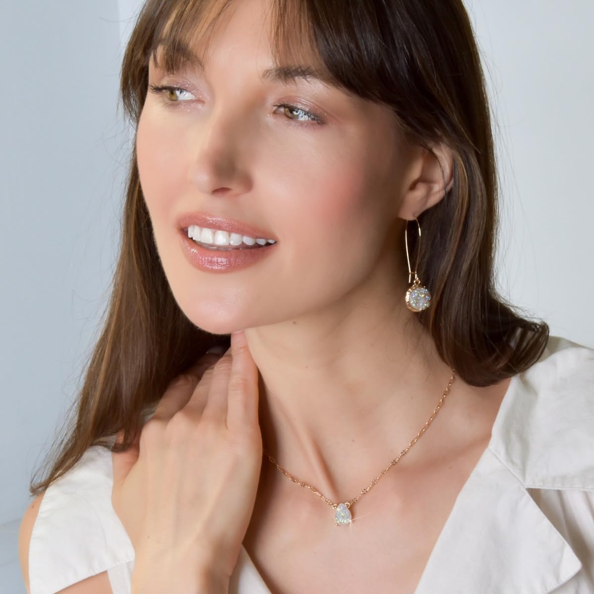 Humble Chic NY Simulated Druzy Teardrop Necklace - Gold or Silver Tone Delicate Boho Chain Necklace with Dainty Tear Drop Druzy Crystal - 16" with 3" Extender - Image 8