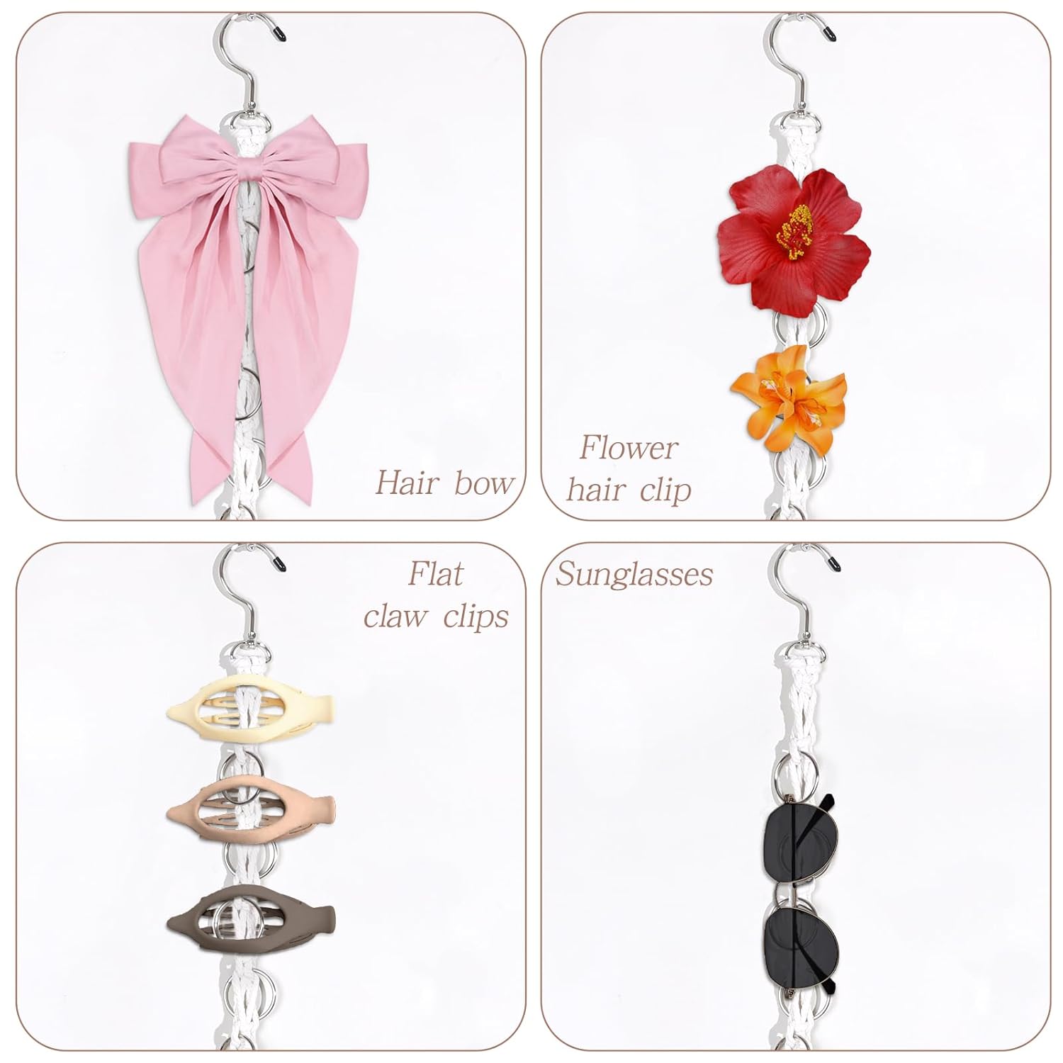 SNOWSTAR Macrame Hair Claw Clip Organizer with Rotating Hook and 20 Metal Rings,Hanging Hair Clip Holder and Storage for Women Girls,Claw Clips Hanger Home Decor for Wall,Door,Closet