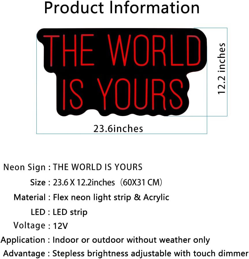 Neon Sign The WORLD IS YOURS 23.6 x 12.2 in 3D Personalized Neon LED Lights Neon Sign Bedroom Bachelorette Party Birthday Favors for Wall Decor Pink Room Decor or Christmas Neon Bar Signs