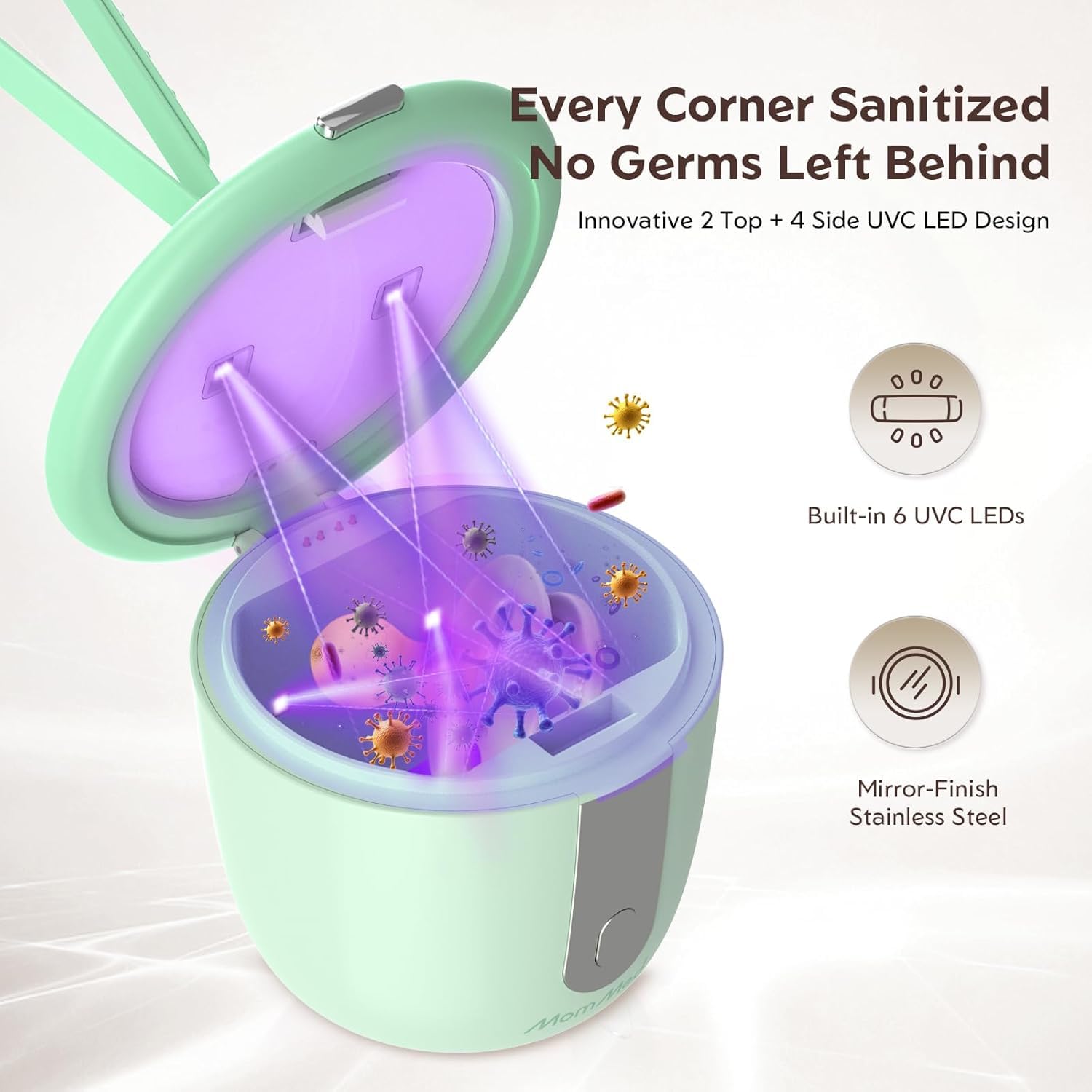 MOMMED Stérilisateur Tétine Portable UV-C, Boîte Stérilisatrice Tétine Bébé avec 6 LED, Nettoyage Rapide en 1 Minute, Rechargeable USB-C, Étui Tétine avec Écran Intelligent pour Maison et Voyage, Vert