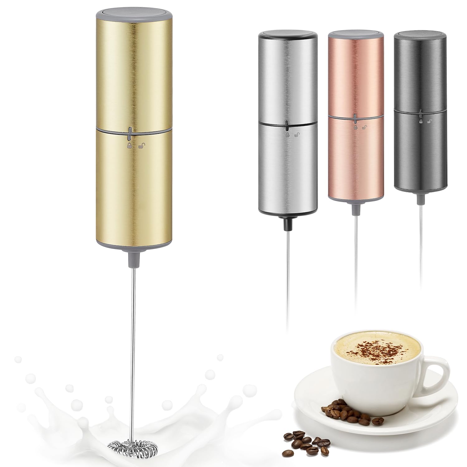 Battery Operated Milk Frother, Handheld Coffee Frother with Stainless Steel Whisk for Latte, Cappuccino, Matcha &amp; Protein Powder, Requires 2 AA Alkaline Batteries (Not Included), Golden