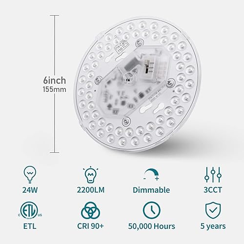 Miniatura 3 de Paquete de 2 kits de actualización de motor de luz LED, 6 pulgadas, 24 W, 2200 lm, 3CCT 3000 K4000 K5000 K regulables, kits de ventilador de techo,