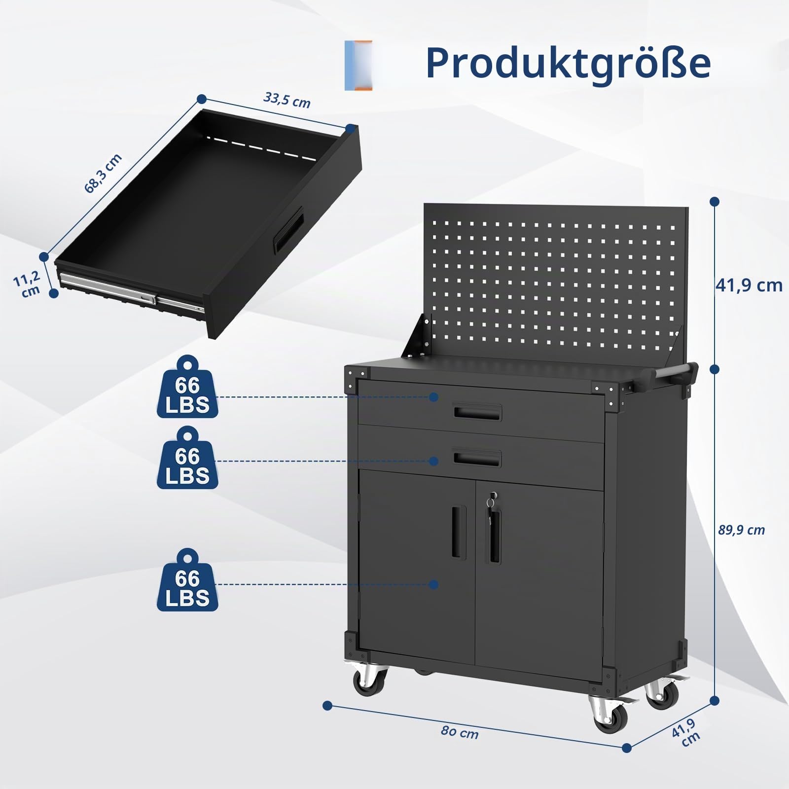 Werkzeugschrank,Werkstattwagen mobile Werkbank mit 2 Schubladen und Lochwand,Robuster Werkzeugschrank aus Metall mit Verstellbarem Einlegeboden für Garage, Lager und Werkstatt 80*40*90CM