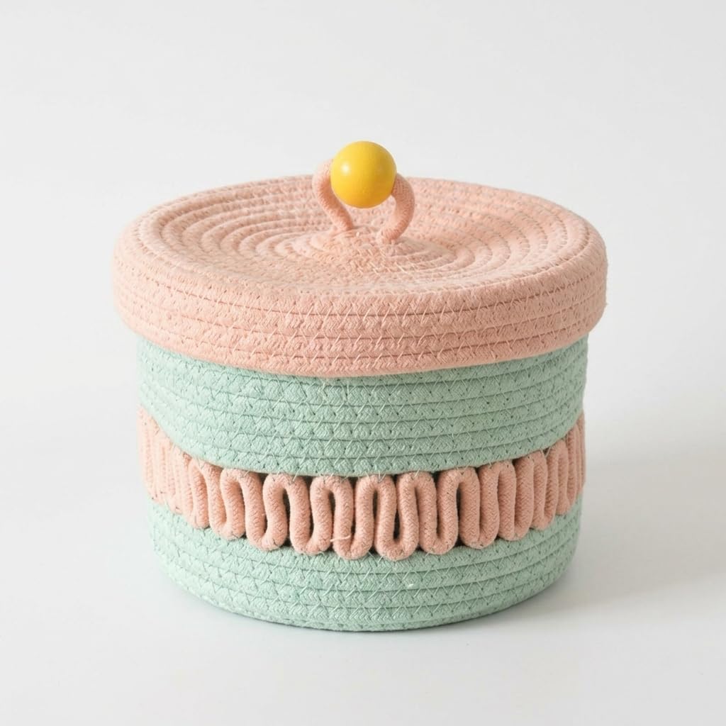 Panier rangement tissu couvercle motif gâteau violet jaune boîte décorative ronde