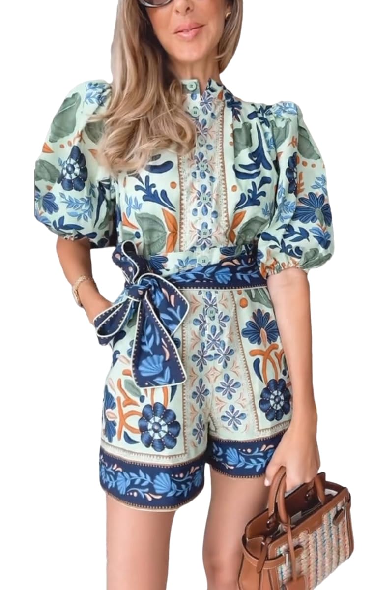 Wuitrie Boho Shorts Jumpsuit for Women Floral Print Puff Short Sleeve Romper with Pockets Summer Jumpsuits for Women 2025