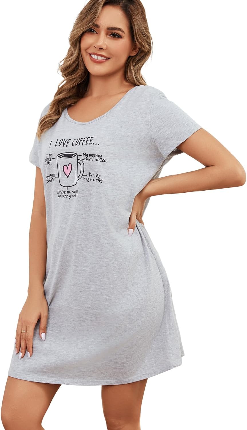 Inadays Women's Cotton Nightgown Sleepwear Short Sleeves Nightshirt Casual Print Sleepdress Loose Comfy Pajama - Image 2