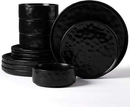 Herogo Stoneware Dinner Set for 4 People, Plates and Bowls, Matte Black | 12 Piece Dinnerware for Home Dining, Microwave and Dishwasher Safe, Chip and Scratch Resistant, Ripple Surface
