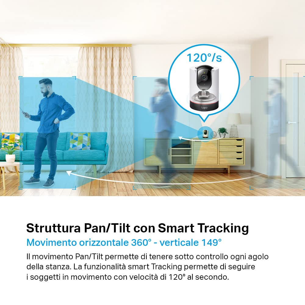 Tapo C225 Telecamera WiFi Interno di Sicurezza Domestica Pan/Tilt AI, 2K QHD, Sorveglianza, Visione Notturna, Rilevamento del Movimento, Sensore di Luce Stellare, Compatibile con Alexa