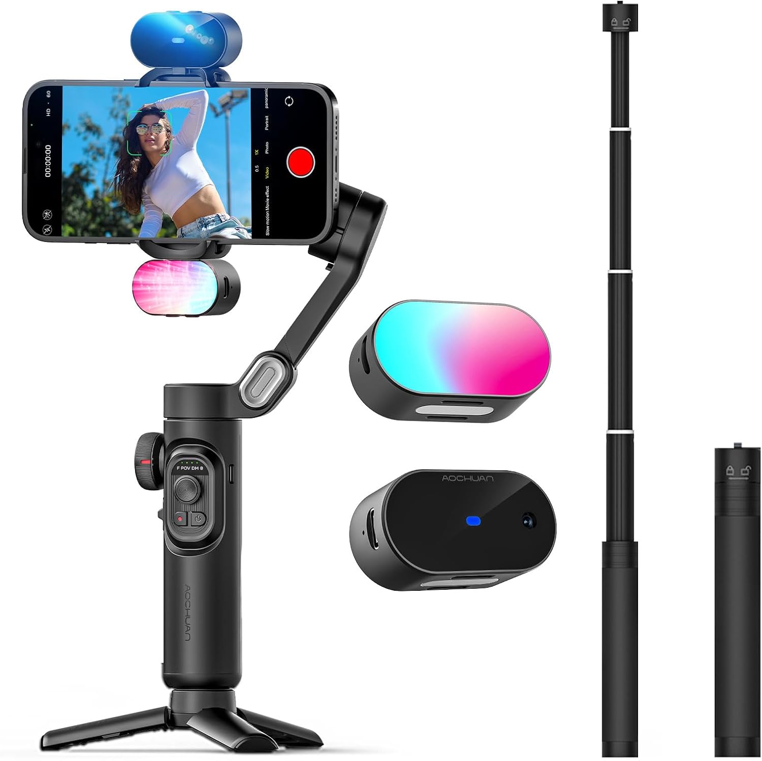 XE AI Version, Gimbal Stabilizer for Smartphone, NO APP AI Tracking, Extension Rod&Magnetic RGB LED Light