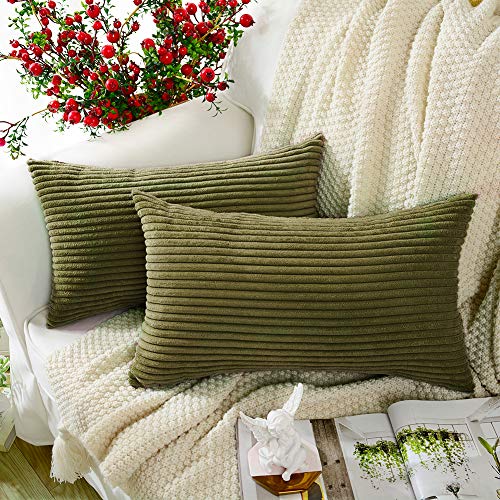 MERNETTE Pack of 2, Corduroy Soft Decorative Square Throw Pillow Cover Cushion Covers Pillowcase, Home Decor Decorations for Sofa Couch Bed Chair 12x20 Inch/30x50 cm (Olive Green)