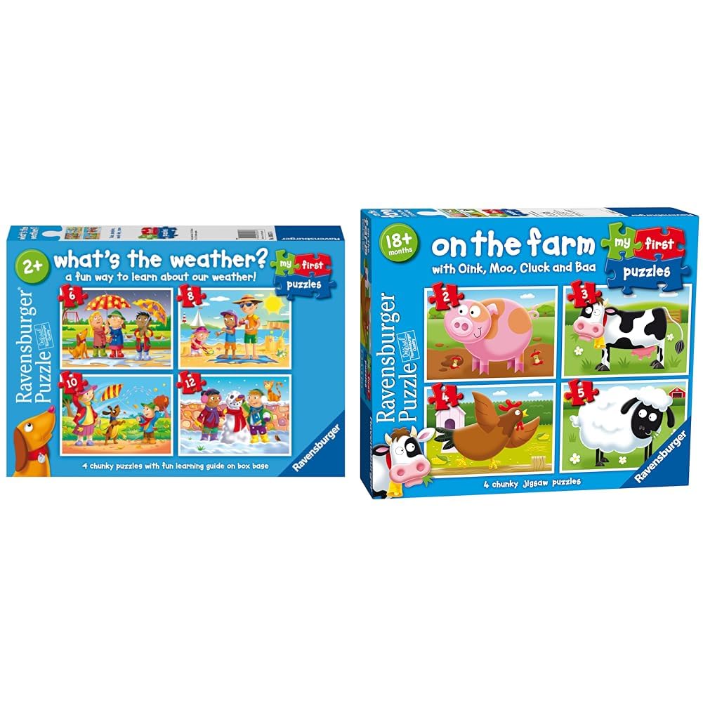 Ravensburger What's The Weather? My First Jigsaw Puzzles for Kids 2 Years Up (2, 3, 4 & 5 Pieces) & On The Farm, My First Jigsaw Puzzles (2, 3, 4 & 5 Piece) Educational Toys for Toddlers