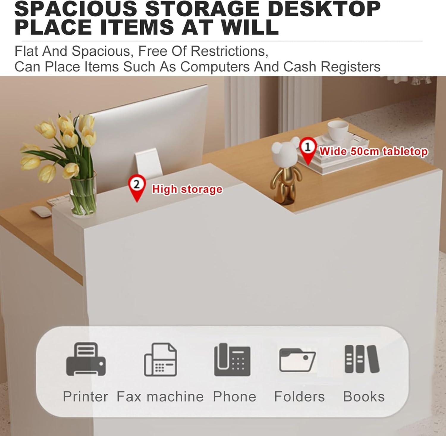 Retail Checkout Counter Front Desk Reception Counter Retail Counter Reception Counter Table with Drawers Modern Welcome Desk for Lobby Beauty Salon Clothing Store Milk Tea Shop.(White+black grain)