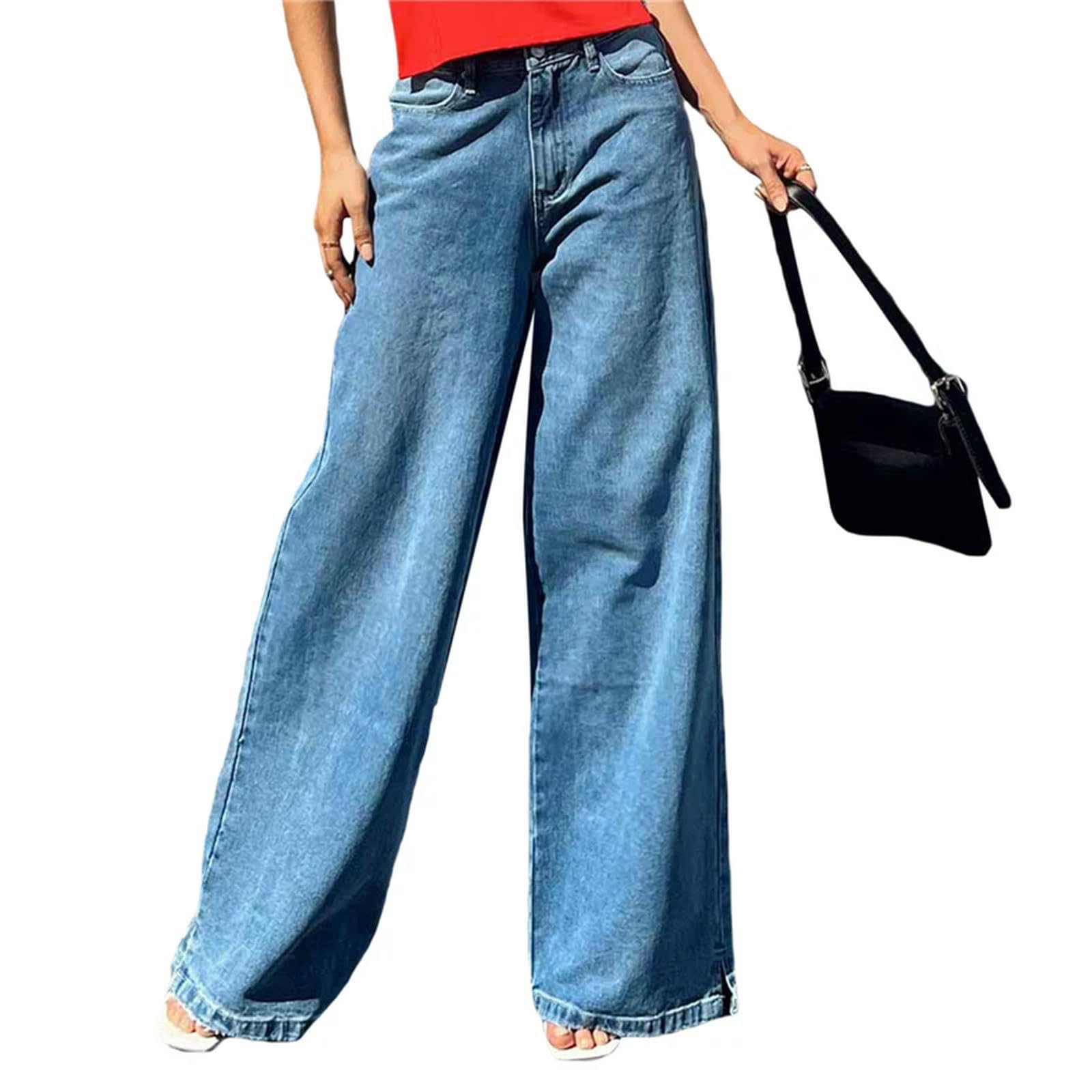 Pantalones Vaqueros de Mujer Mezclilla Pierna Ancha Elásticos Color Sólido con Bolsillos