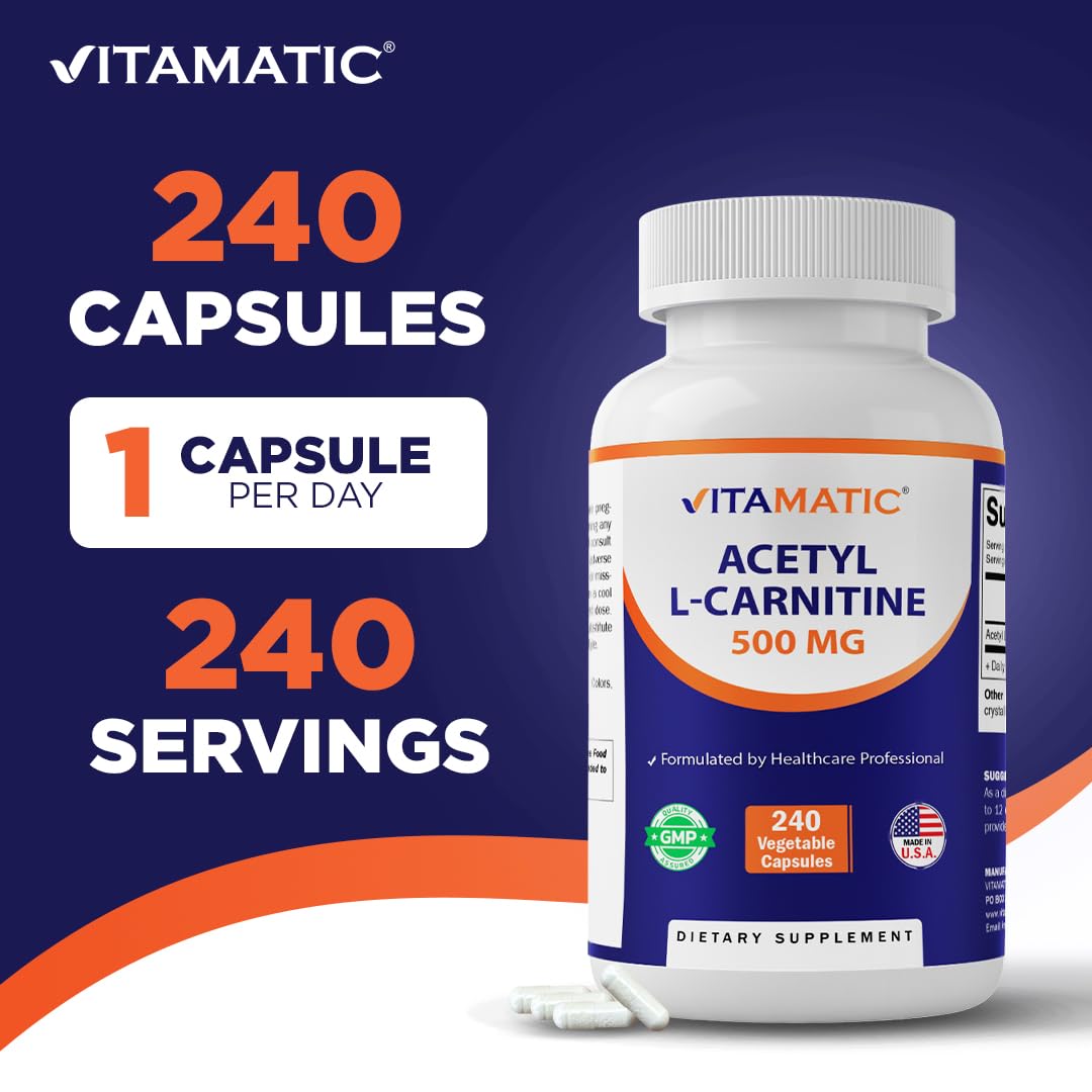 Amazon.com: Vitamatic Acetyl L-Carnitine 500mg, 240 Vegetarian Capsules – Amino Acid Supplement, Non-GMO, Gluten Free, Made in USA : Health & Household