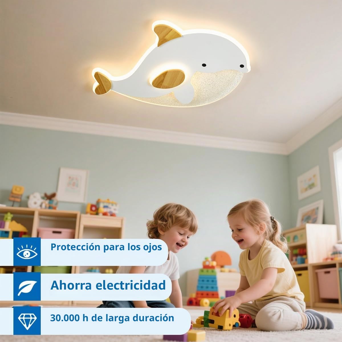 Lampara Techo Dormitorio Infantil,Forma DelfíN Plafon Led Techo Grano Blanco Y De Madera,Dimmable Con Control,28W Plafones Para Techo Led Para Cocina Decoracion Habitacion,50 * 34Cm