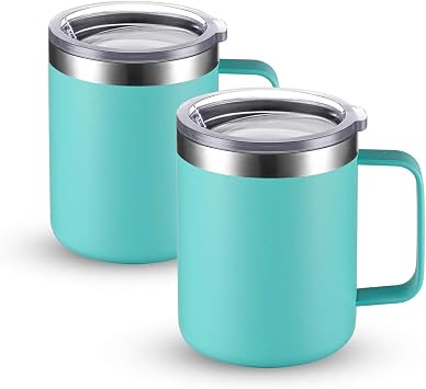 CIVAGO Stainless Steel Coffee Mug Cup with Handle, 12 oz Double Wall Vacuum Insulated Tumbler with Lid Travel Friendly Aqua, 2 Pack
