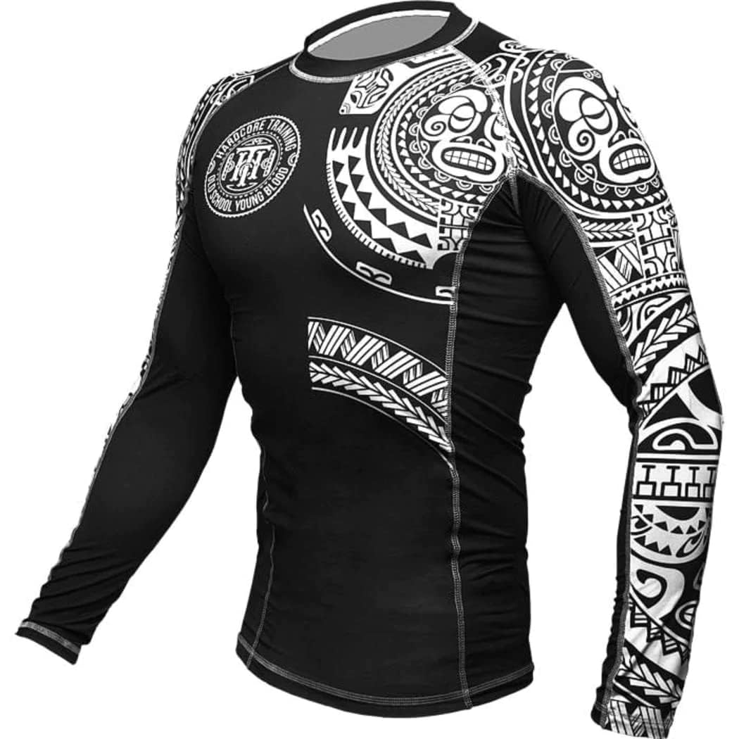 Hardcore Training Rash Guard Mężczyźni Kompresja Koszulka Długi Rękaw BJJ MMA No-Gi Obcisła Grappling Boks (DE/NL/SE/PL, Alfa, XL, Regularny, Regularny, Czarny Biały)