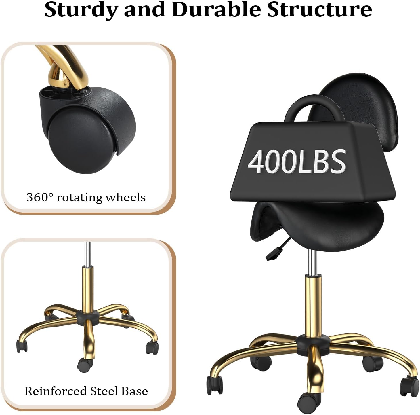 OmySalon Drafting Chair,Ergonomic Saddle Stool with Back Support,Tall Adjustable Rolling Stool with Thick Seat Cushion, Office Computer Chair for Salon Barber Spa Home Bar, Black Gold