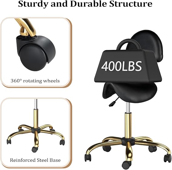 Bonnlo Saddle Stool with Wheels - Height Adjustable Swivel Stool with Backrest - for Salon Massage Home Kitchen Clinic, Weight Capacity 400lbs, Black, Golden