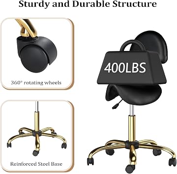 Bonnlo Saddle Stool with Wheels - Height Adjustable Swivel Stool with Backrest - for Salon Massage Home Kitchen Clinic, Weight Capacity 400lbs, Black, Golden