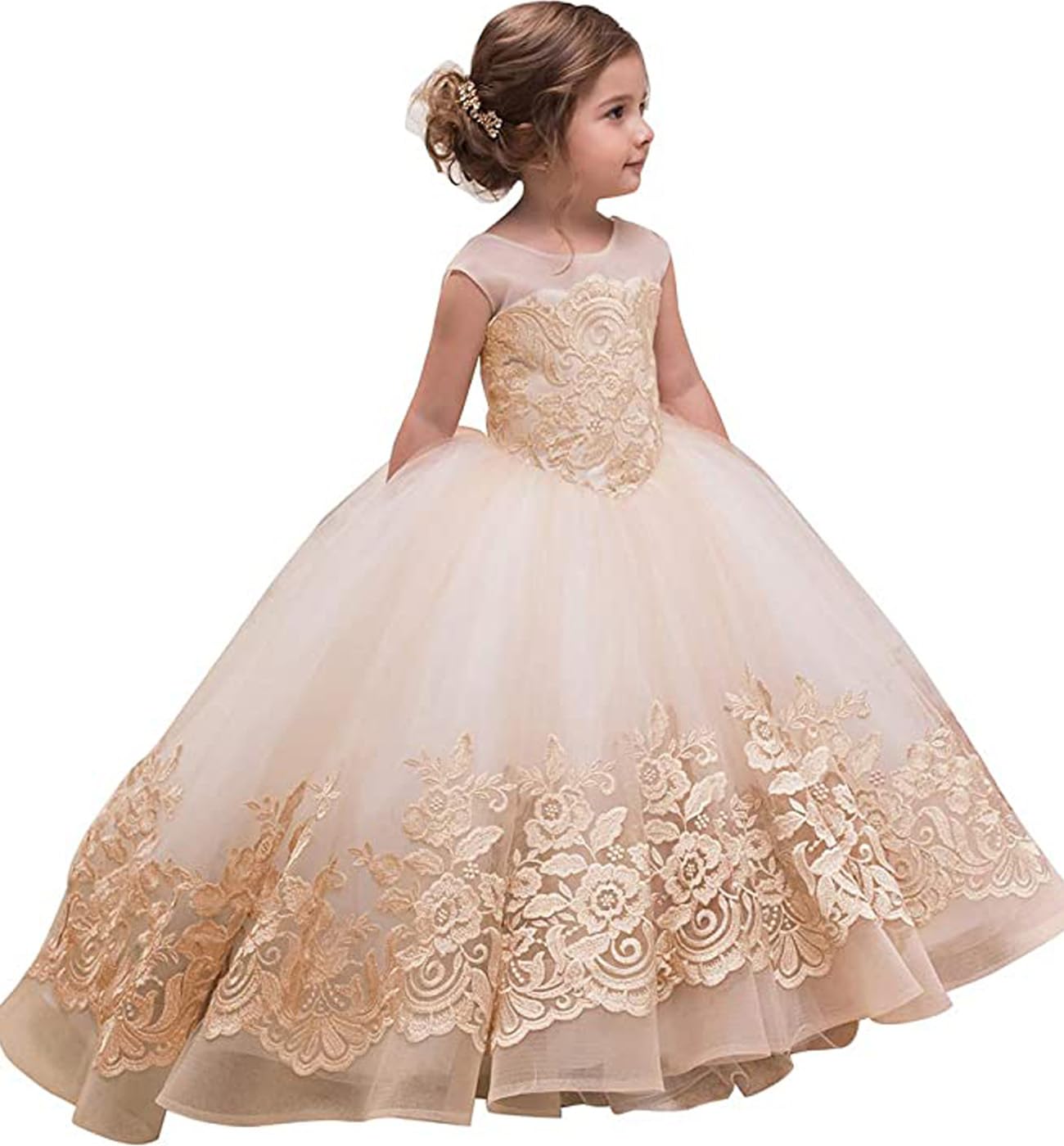 PLWEDDING Fancy Bloemenmeisjesjurk, lange kanten feestjurk, pully, tule