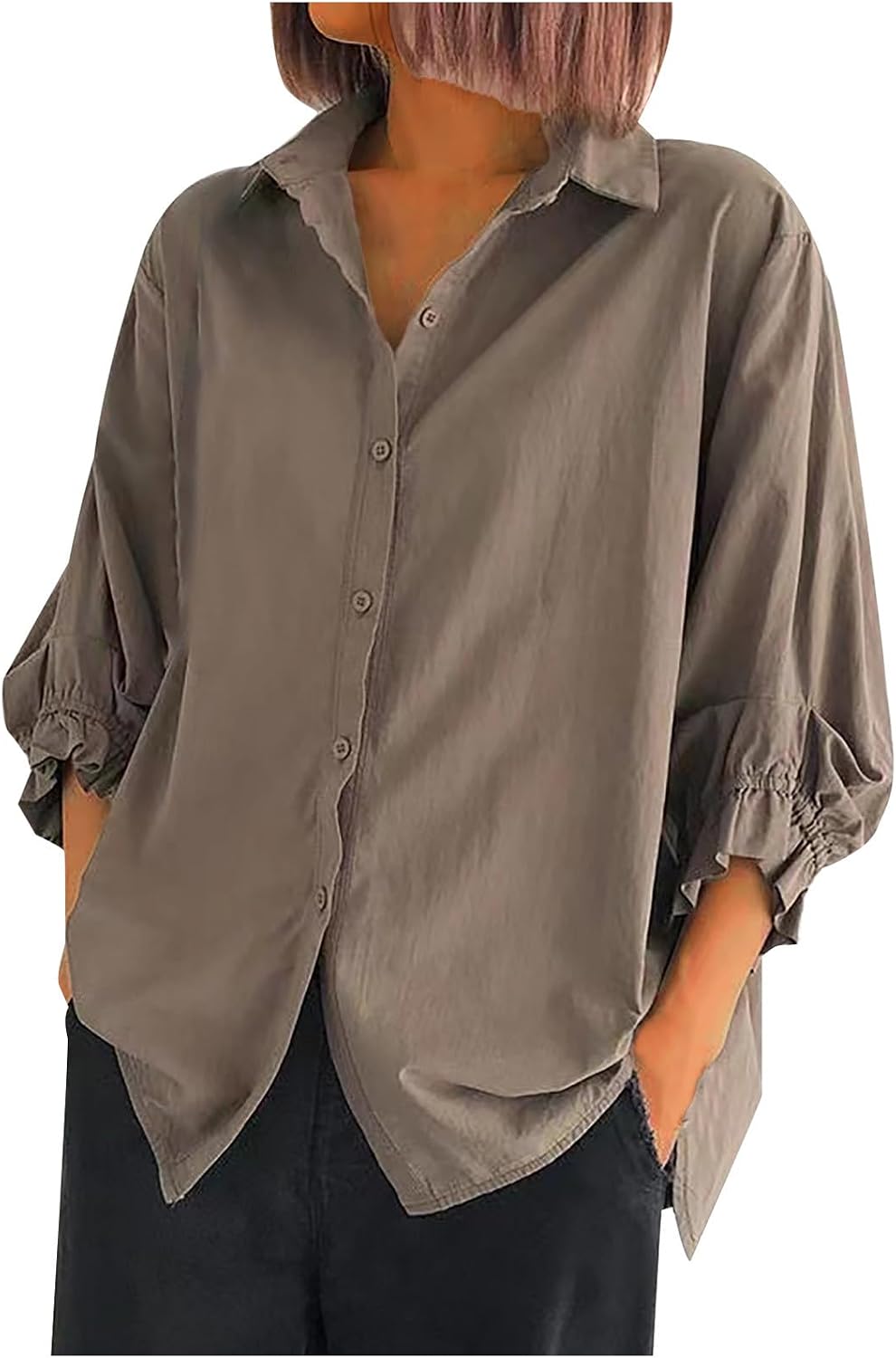 Womens Cotton 3/4 Ruffle Sleeve Shirts Lapel Button Up T-Shirt Casual Everyday Versatile Blouse Oversized Solid Top