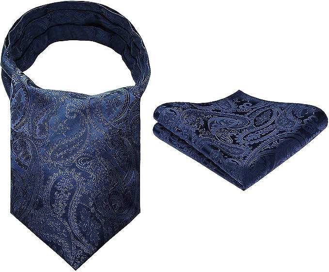 Image of HISDERN Ascot Ties for Men Paisley Floral Ascot and Pocket Square Set Classic Self Tie Mens Cravat Handkerchief for Wedding