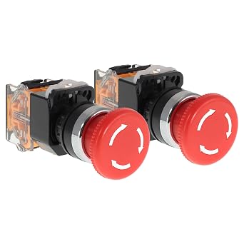 Emergency Push Button Switch, Red Mushroom Head, for Home or Industrial Equipment, Operating Rooms, Distribution Boxes, NO NC, 22mm, Stay-Put 2 Pack