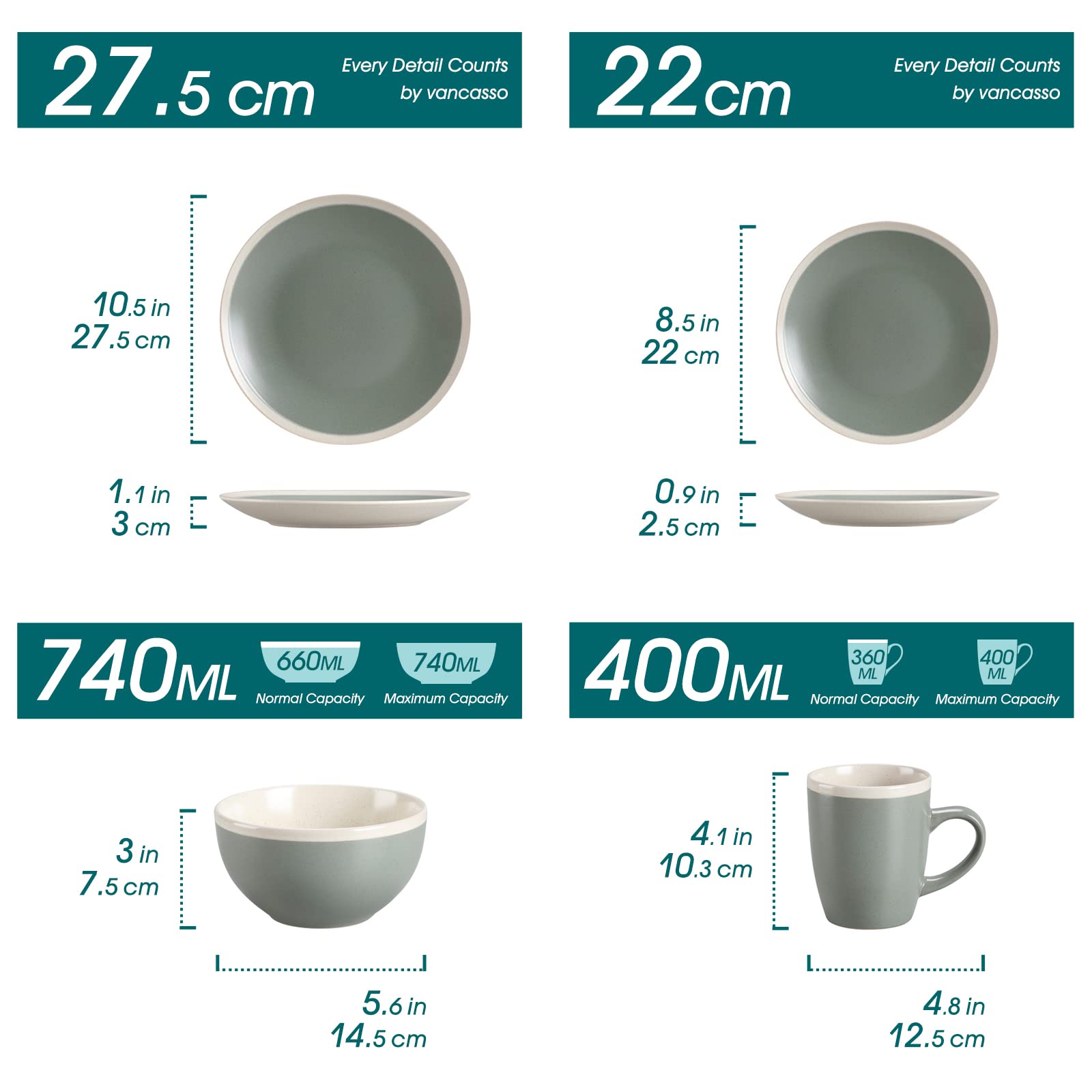 vancasso Vajillas de Cerámica serie Seesami 16 piezas Vajillas Completas para 4 Personas con 4 Platos Llano, Platos de Postre, Cuencos y Tazas, Mate Verde Oscuro
