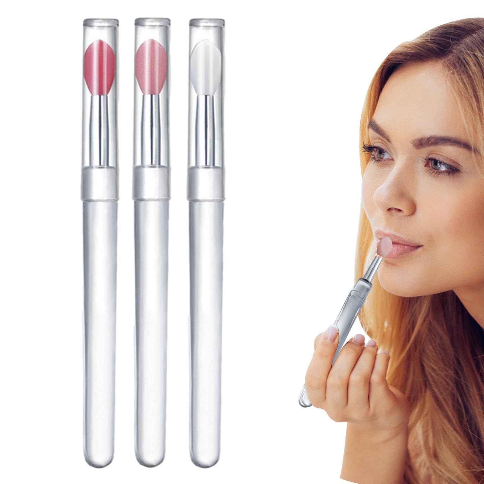 Lot de 3 pinceaux à lèvres en silicone avec couvercle - Applicateur de baume à lèvres réutilisable - Portable - Pinceau applicateur de rouge à lèvres avec couvercle pour