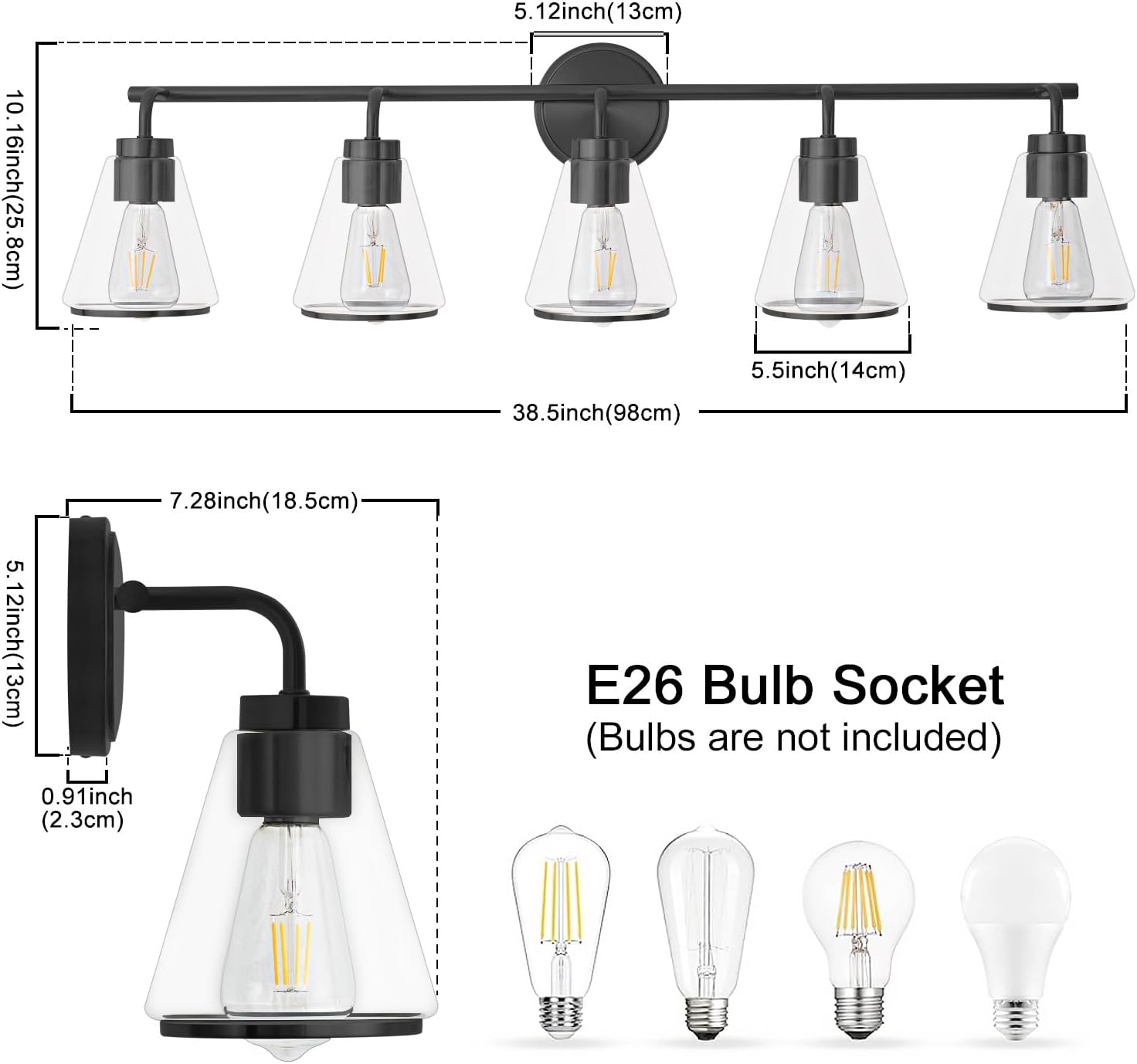 Bathroom Vanity Light 5 Light, Modern Vanity Lighting Fixture for Bathroom, 38.5" Vanity Lights with Clear Glass Shade, Black Bath-Room Wall Light Over Mirror, Wall Sconces for Bath